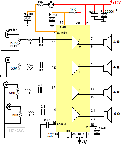 diagrama de conexiones del amplificador TDA7386